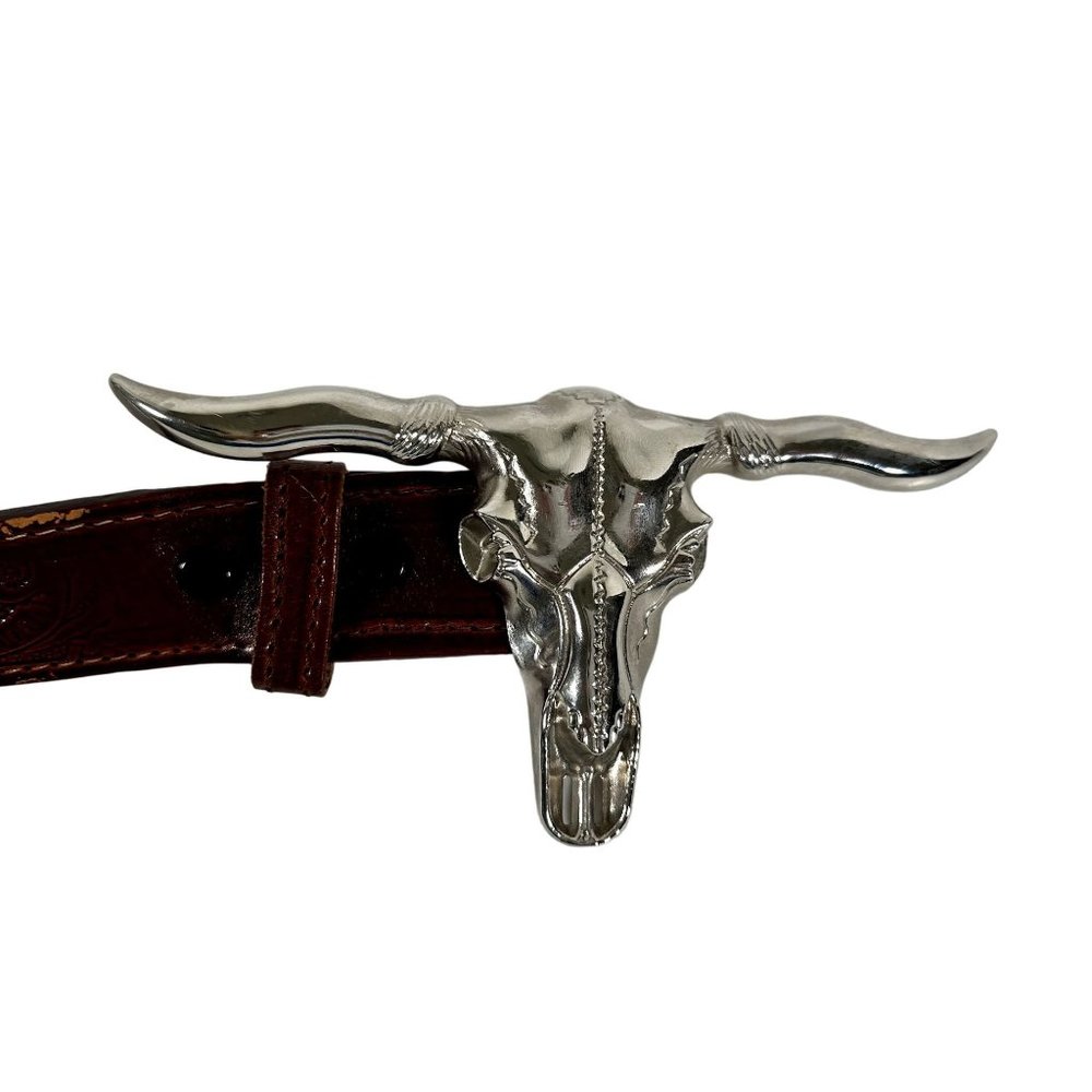 Longhorn Steer Skull Leather Belt Embossed n Studded Mens Size 42 Made in Mexico - Picture 2 of 9